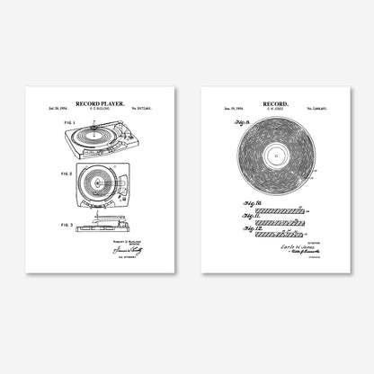 Vintage Vinyl Record Wall Art | Vinyl Record and Record Player Patent Prints | Music Room Decor | Unframed Set of 2 Physical Prints