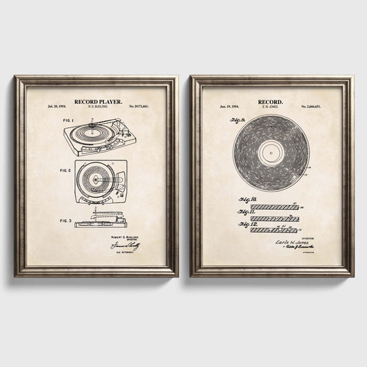 Vintage Vinyl Record Wall Art | Vinyl Record and Record Player Patent Prints | Music Room Decor | Unframed Set of 2 Physical Prints