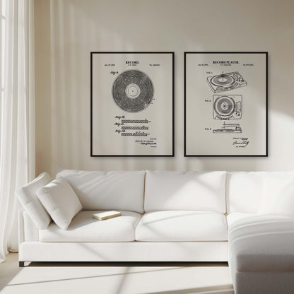 Vintage Vinyl Record Wall Art | Vinyl Record and Record Player Patent Prints | Music Room Decor | Unframed Set of 2 Physical Prints