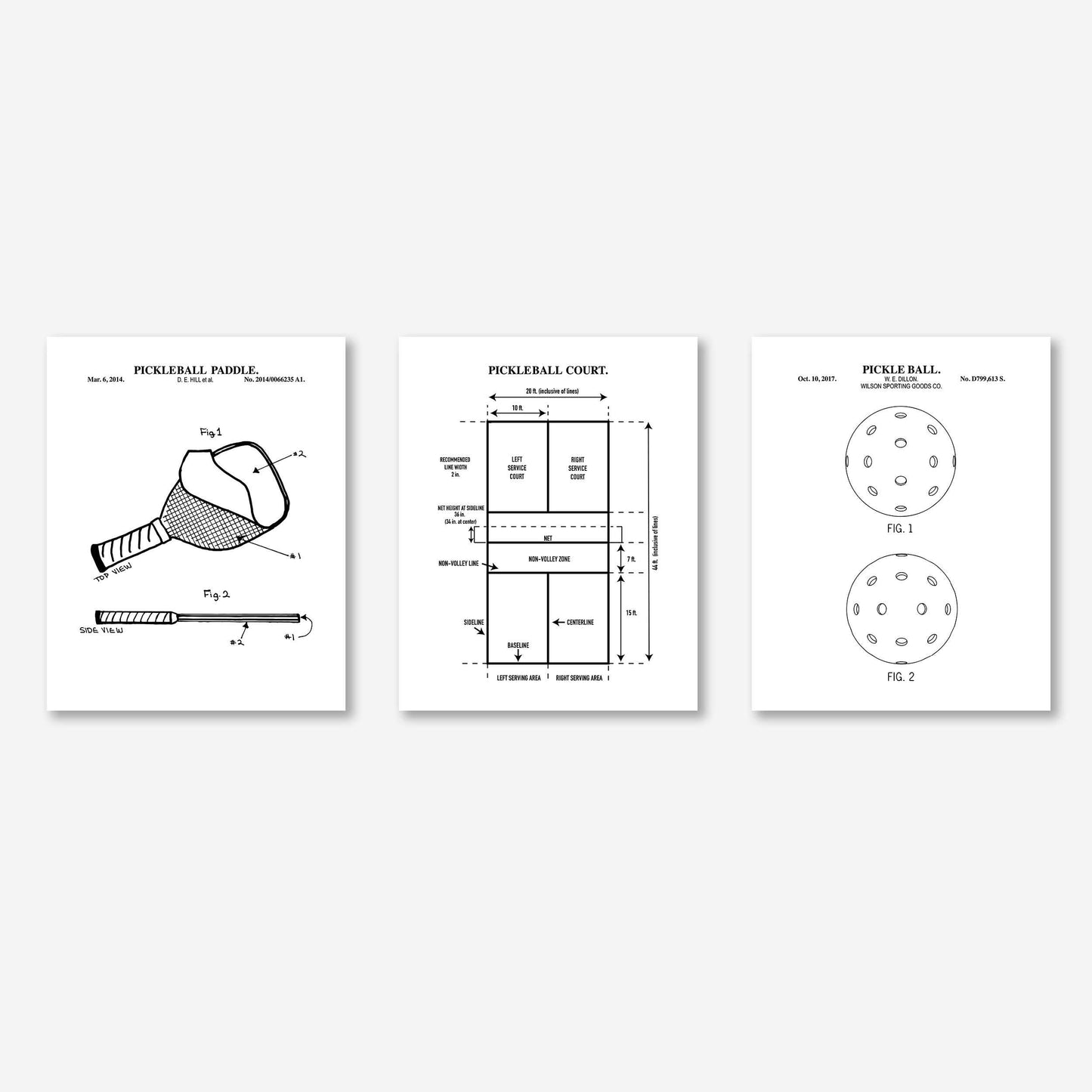 Pickleball Patent Wall Art Print Set | Pickle Ball Patent, Paddle Patent and Pickleball Court Diagram | Set of 3 Physical Prints