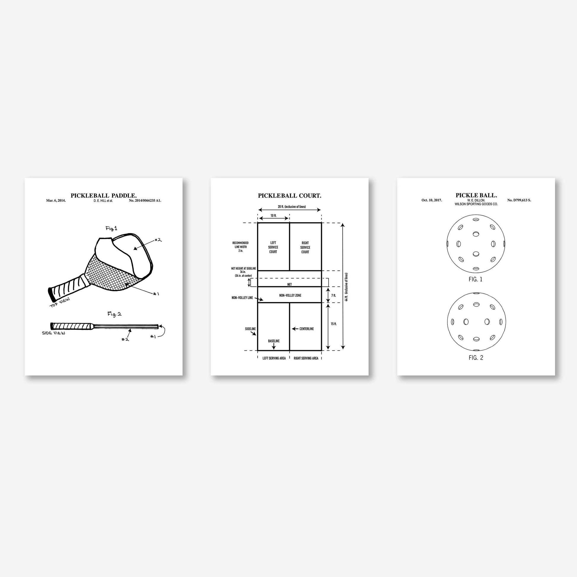 Pickleball Patent Wall Art Print Set | Pickle Ball Patent, Paddle Patent and Pickleball Court Diagram | Set of 3 Physical Prints