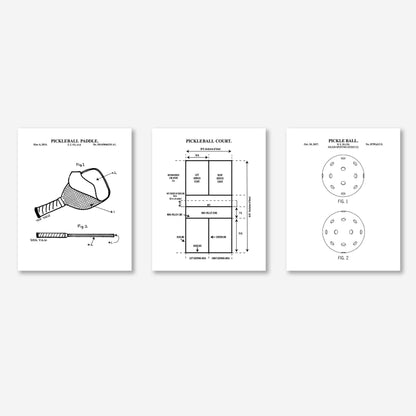 Pickleball Patent Wall Art Print Set | Pickle Ball Patent, Paddle Patent and Pickleball Court Diagram | Set of 3 Physical Prints