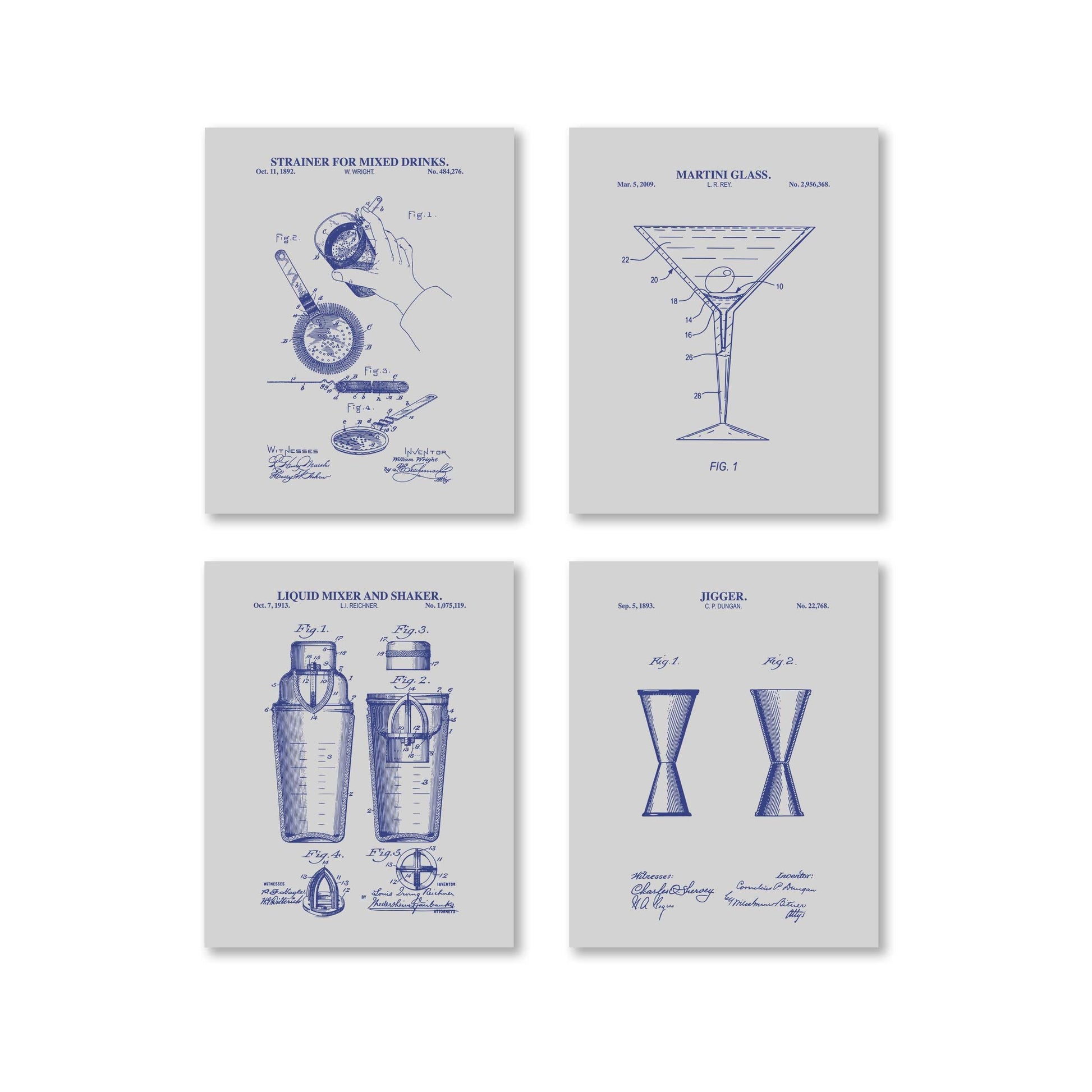 Retro Cocktail Bar Patent Wall Art Set | Cocktail Shaker, Jigger, Drink Strainer and Martini Glass Patent Prints | Set of 4 Physical Prints