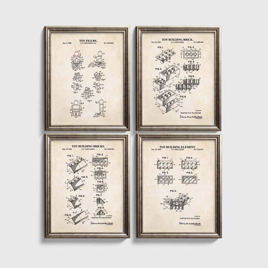 Vintage Toy Block Wall Art | 3 Different Toy Brick and 1 Toy Figure Patent Prints | Unframed Set of 4 Physical Prints