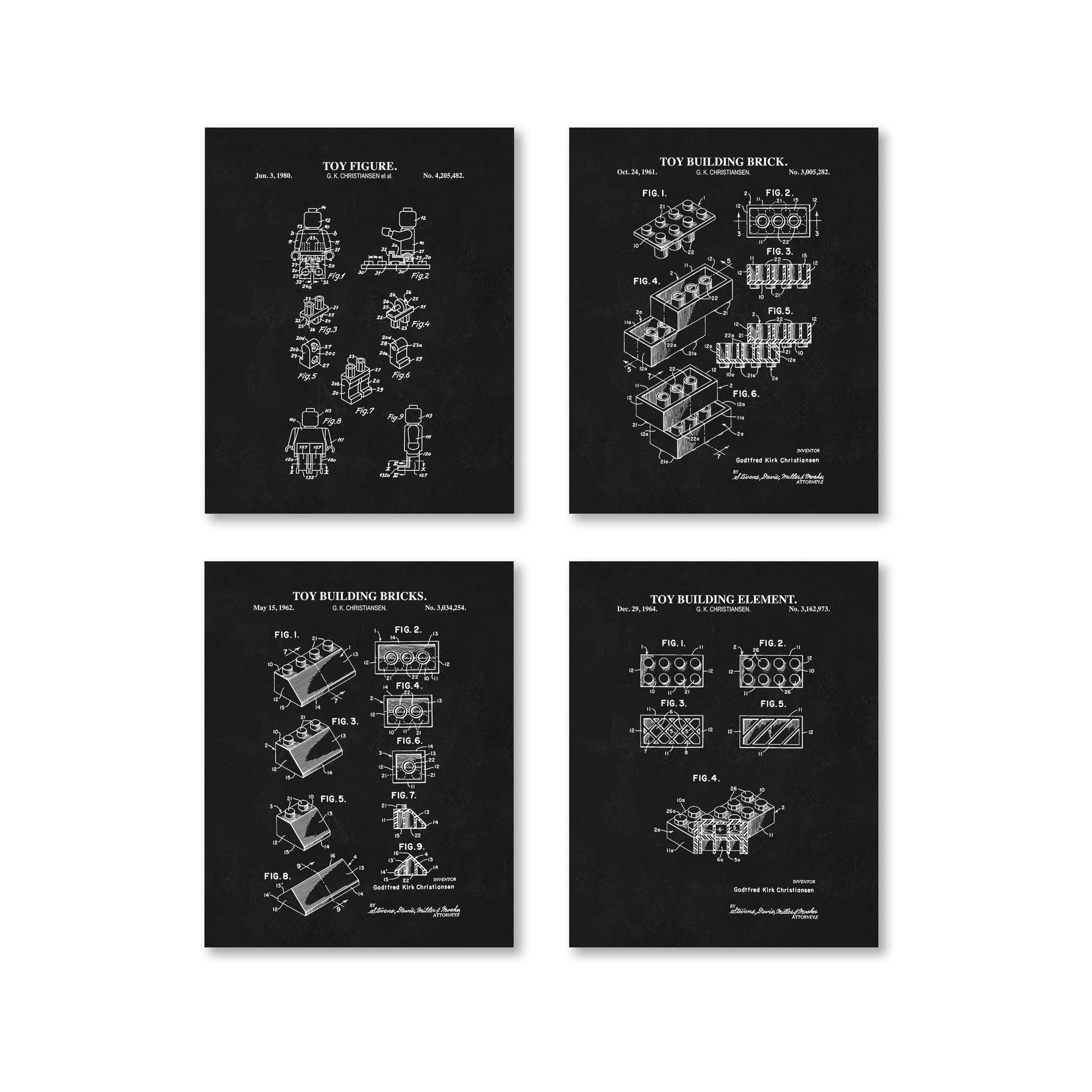 Vintage Toy Block Wall Art | 3 Different Toy Brick and 1 Toy Figure Patent Prints | Unframed Set of 4 Physical Prints