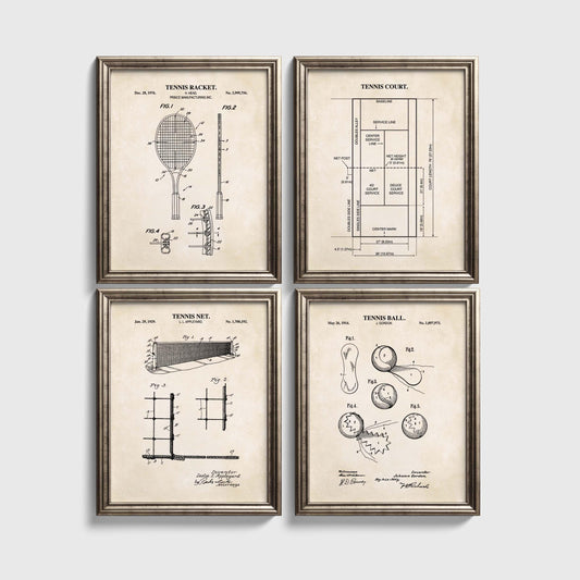 Tennis Wall Art | Patent Prints of Tennis Racket, Tennis Court, Tennis Ball and Tennis Net | Set of 4 Physical Prints