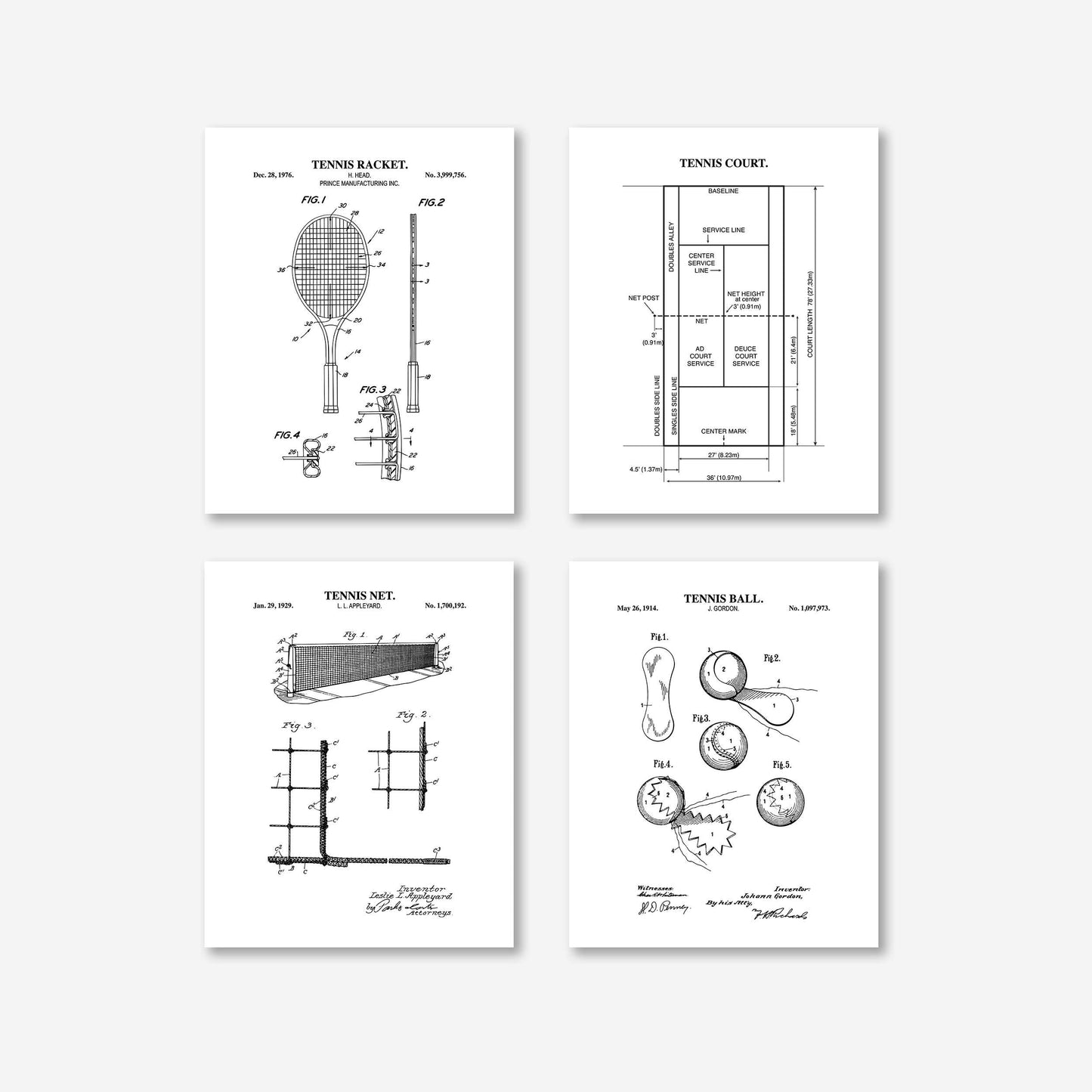 Tennis Wall Art | Patent Prints of Tennis Racket, Tennis Court, Tennis Ball and Tennis Net | Set of 4 Physical Prints