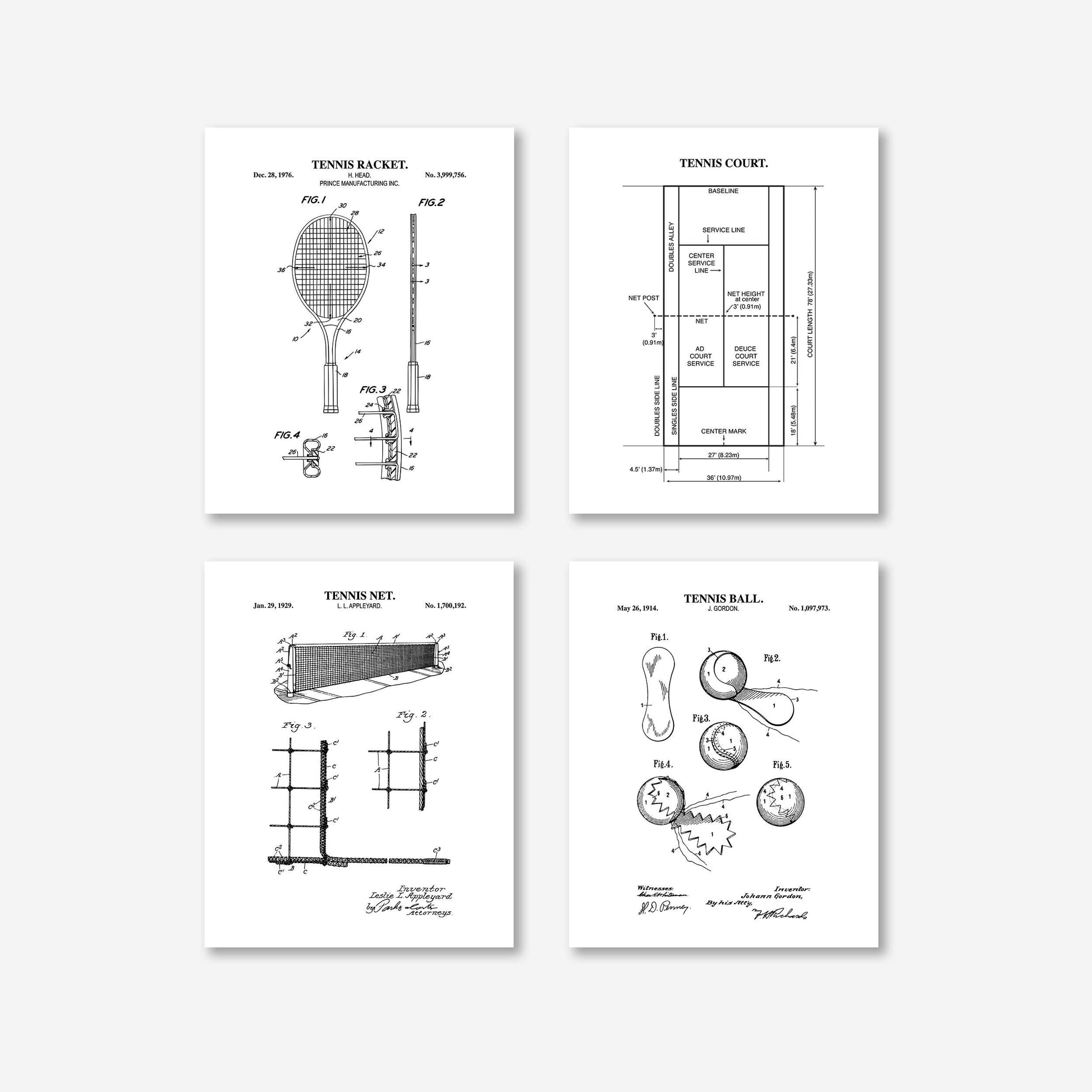 Tennis Wall Art | Patent Prints of Tennis Racket, Tennis Court, Tennis Ball and Tennis Net | Set of 4 Physical Prints