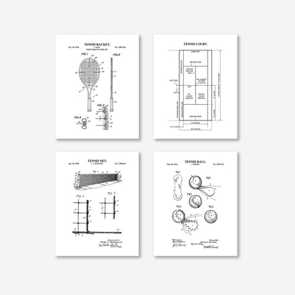 Tennis Wall Art | Patent Prints of Tennis Racket, Tennis Court, Tennis Ball and Tennis Net | Set of 4 Physical Prints