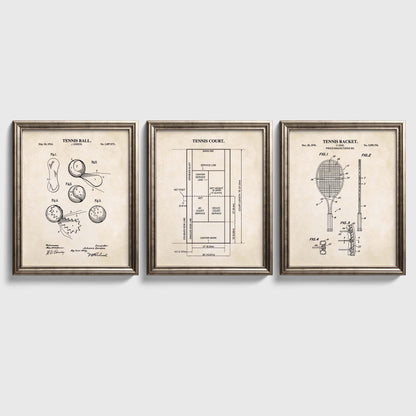 Tennis Wall Art | Patent Prints of Tennis Racket, Tennis Ball and Tennis Court Diagram | Unframed Set of 3 Physical Prints