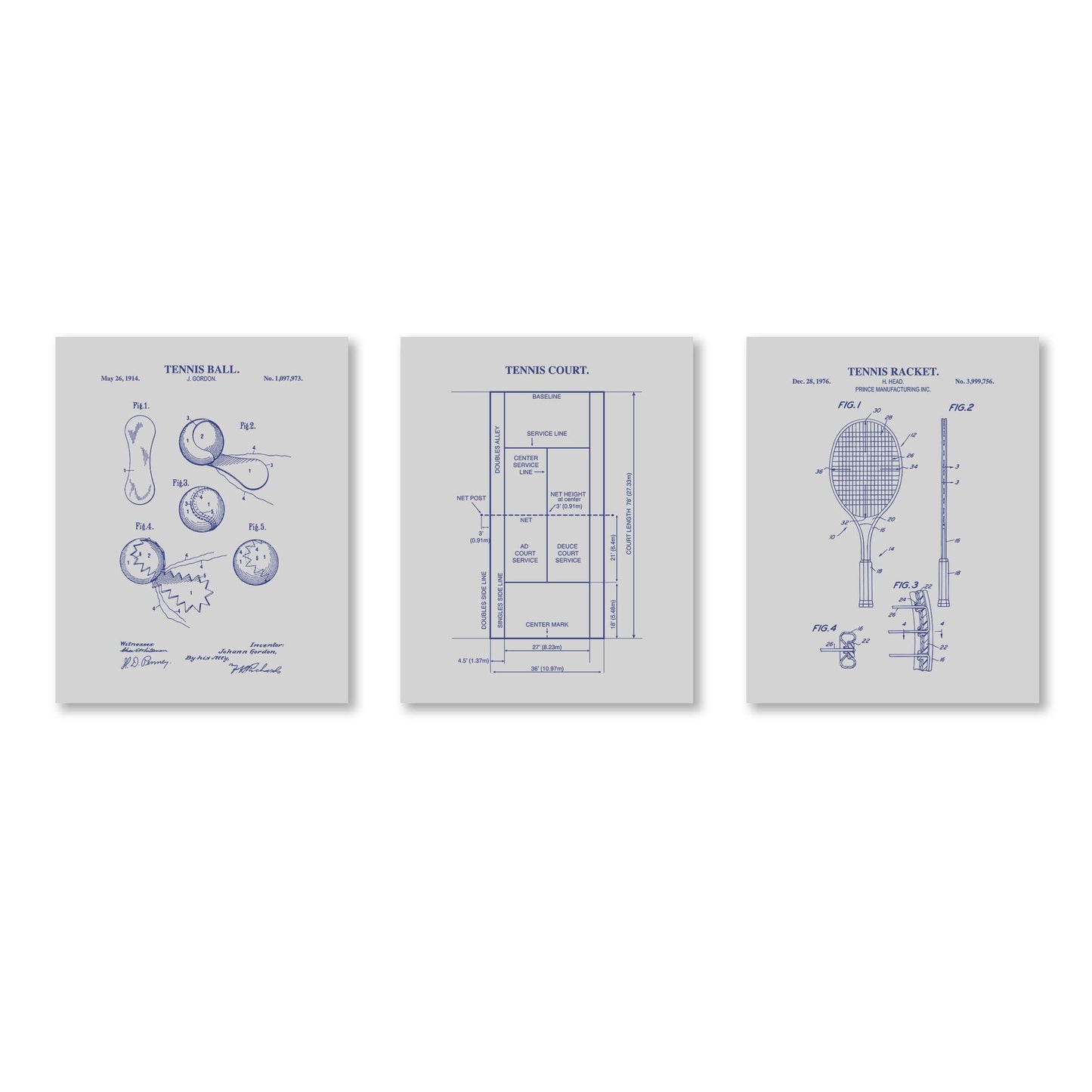 Tennis Wall Art | Patent Prints of Tennis Racket, Tennis Ball and Tennis Court Diagram | Unframed Set of 3 Physical Prints