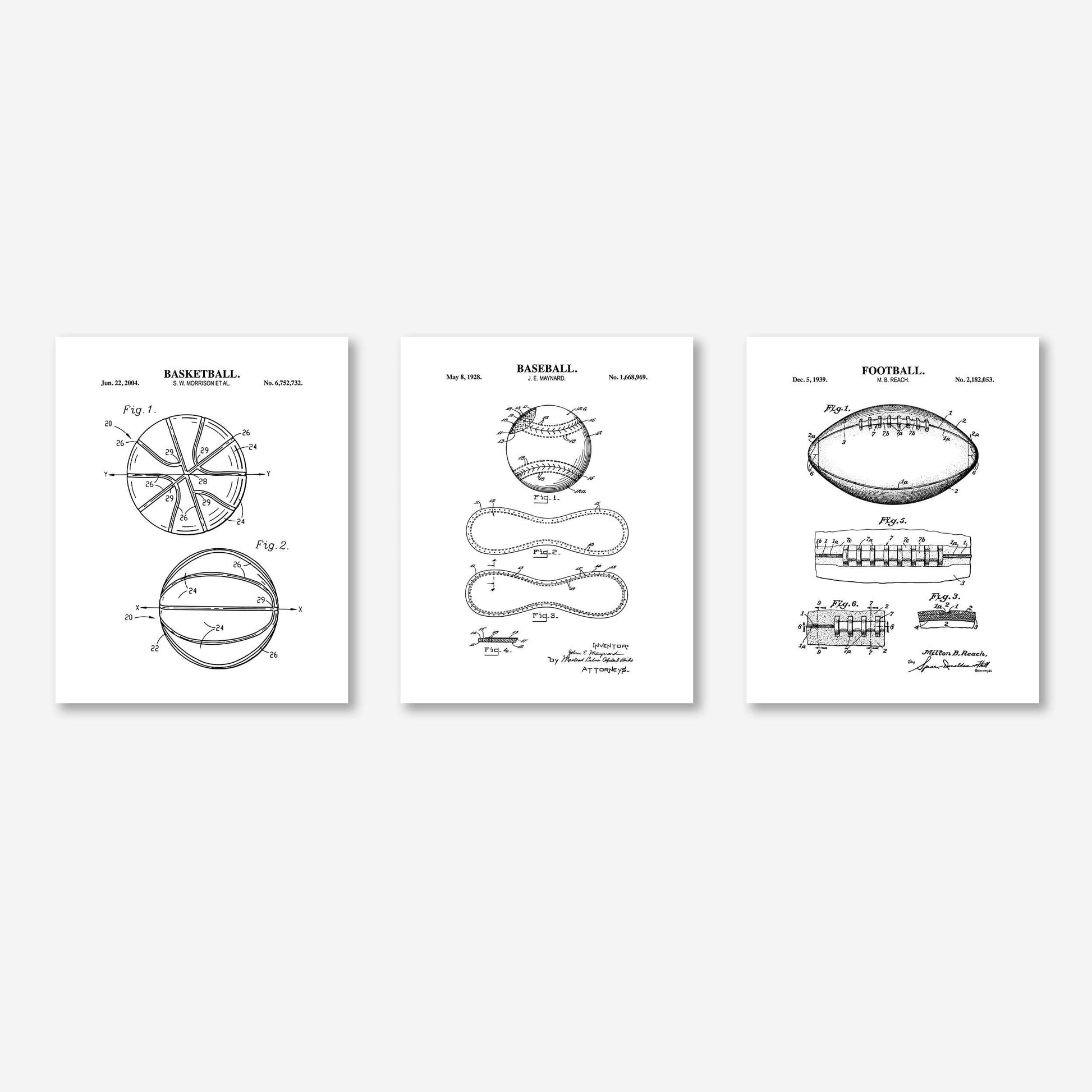 Baseball, Football & Basketball Patent Print Wall Art | Vintage Sports Ball Blueprint Wall Decor | Set of 3 Physical Prints