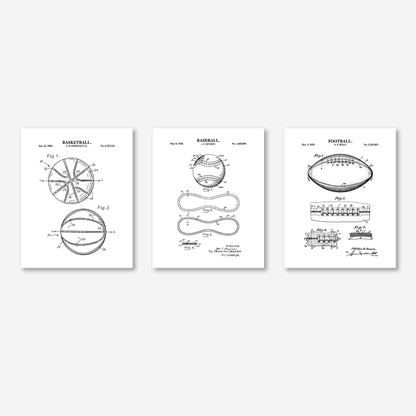 Baseball, Football & Basketball Patent Print Wall Art | Vintage Sports Ball Blueprint Wall Decor | Set of 3 Physical Prints