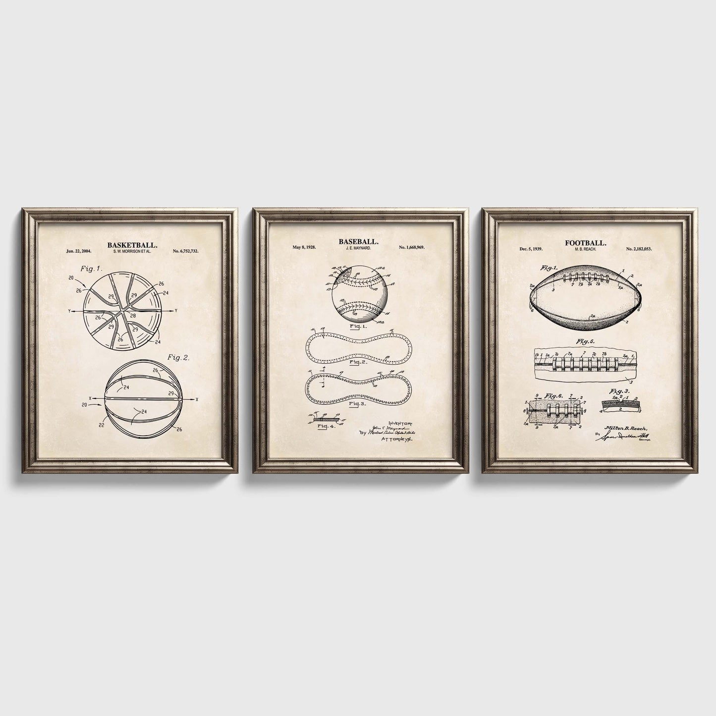 Baseball, Football & Basketball Patent Print Wall Art | Vintage Sports Ball Blueprint Wall Decor | Set of 3 Physical Prints