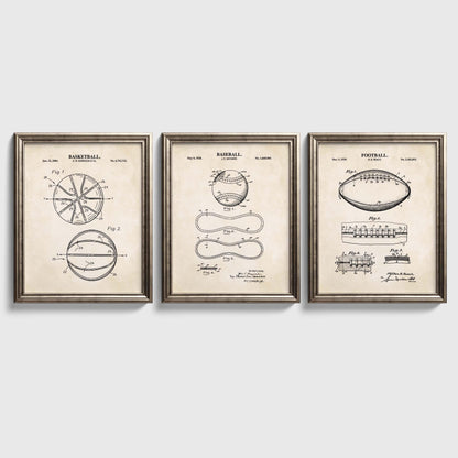 Baseball, Football & Basketball Patent Print Wall Art | Vintage Sports Ball Blueprint Wall Decor | Set of 3 Physical Prints