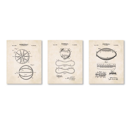 Baseball, Football & Basketball Patent Print Wall Art | Vintage Sports Ball Blueprint Wall Decor | Set of 3 Physical Prints