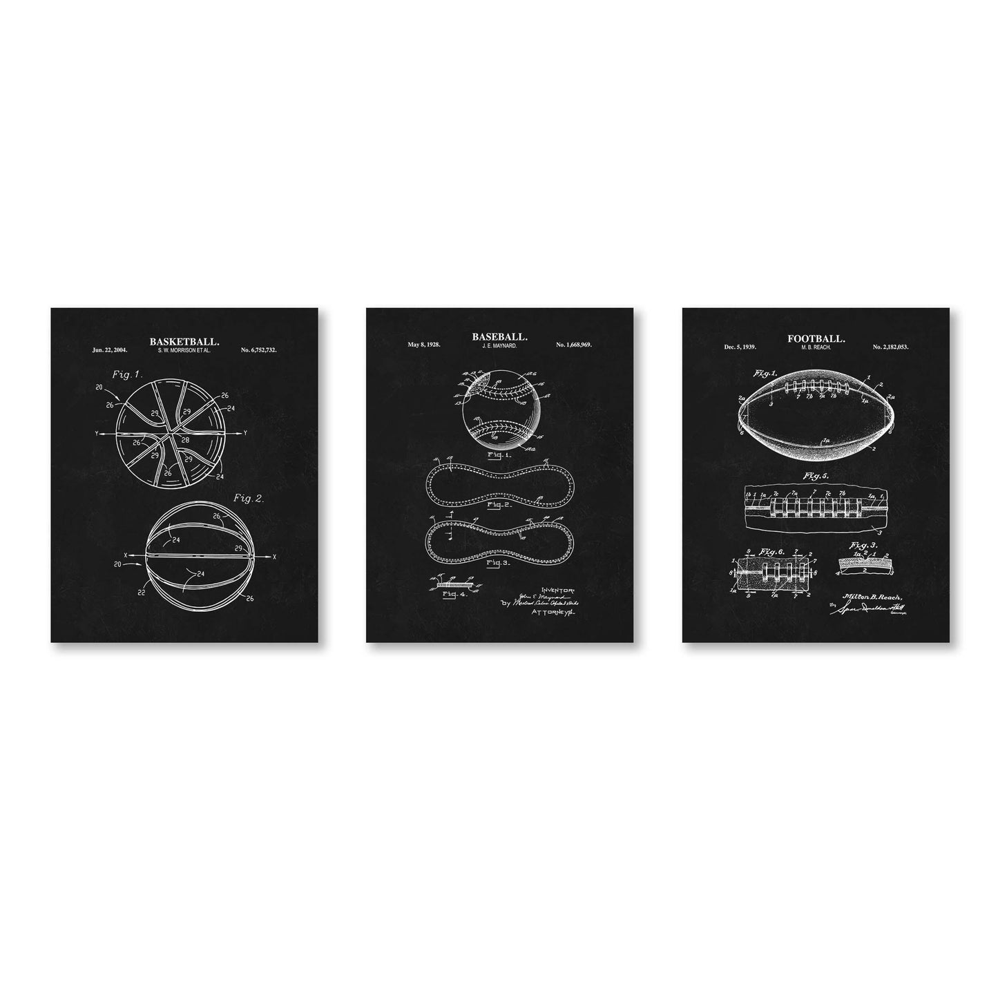 Baseball, Football & Basketball Patent Print Wall Art | Vintage Sports Ball Blueprint Wall Decor | Set of 3 Physical Prints