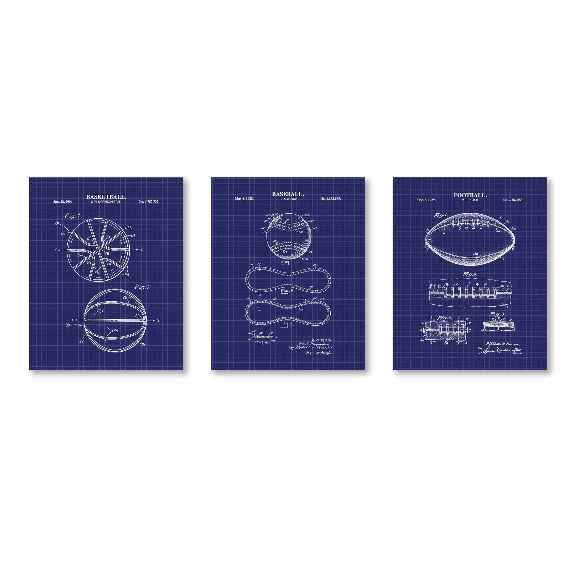 Baseball, Football & Basketball Patent Print Wall Art | Vintage Sports Ball Blueprint Wall Decor | Set of 3 Physical Prints