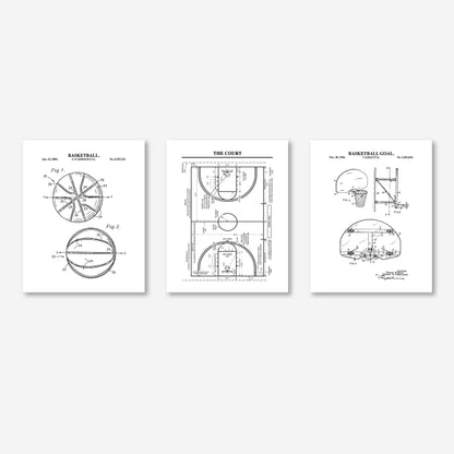 Basketball Patent Wall Art Set | Basketball, Basketball Hoop and Court Patent Prints | Set of 3 Physical Prints