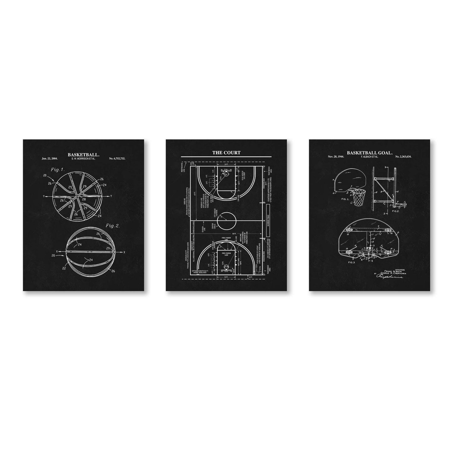 Basketball Patent Wall Art Set | Basketball, Basketball Hoop and Court Patent Prints | Set of 3 Physical Prints