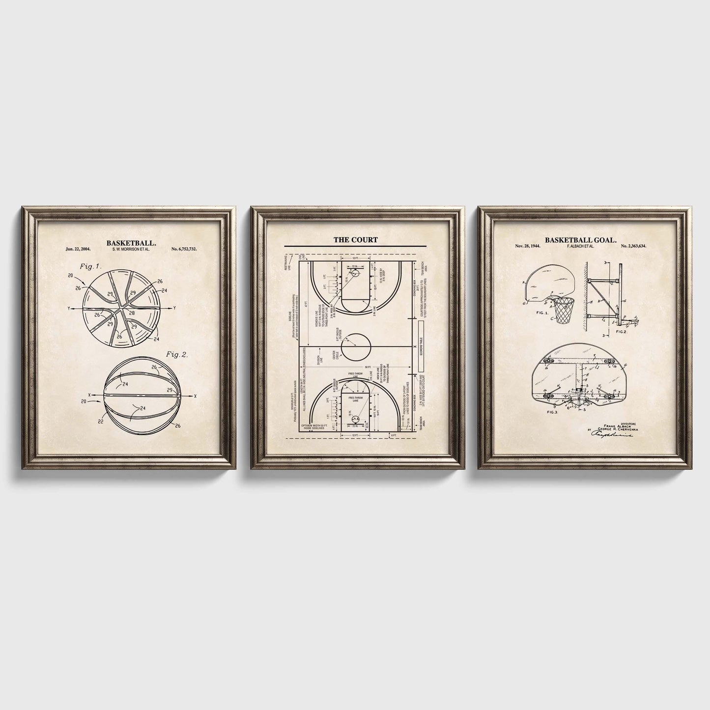 Basketball Patent Wall Art Set | Basketball, Basketball Hoop and Court Patent Prints | Set of 3 Physical Prints