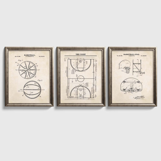 Basketball Patent Wall Art Set | Basketball, Basketball Hoop and Court Patent Prints | Set of 3 Physical Prints