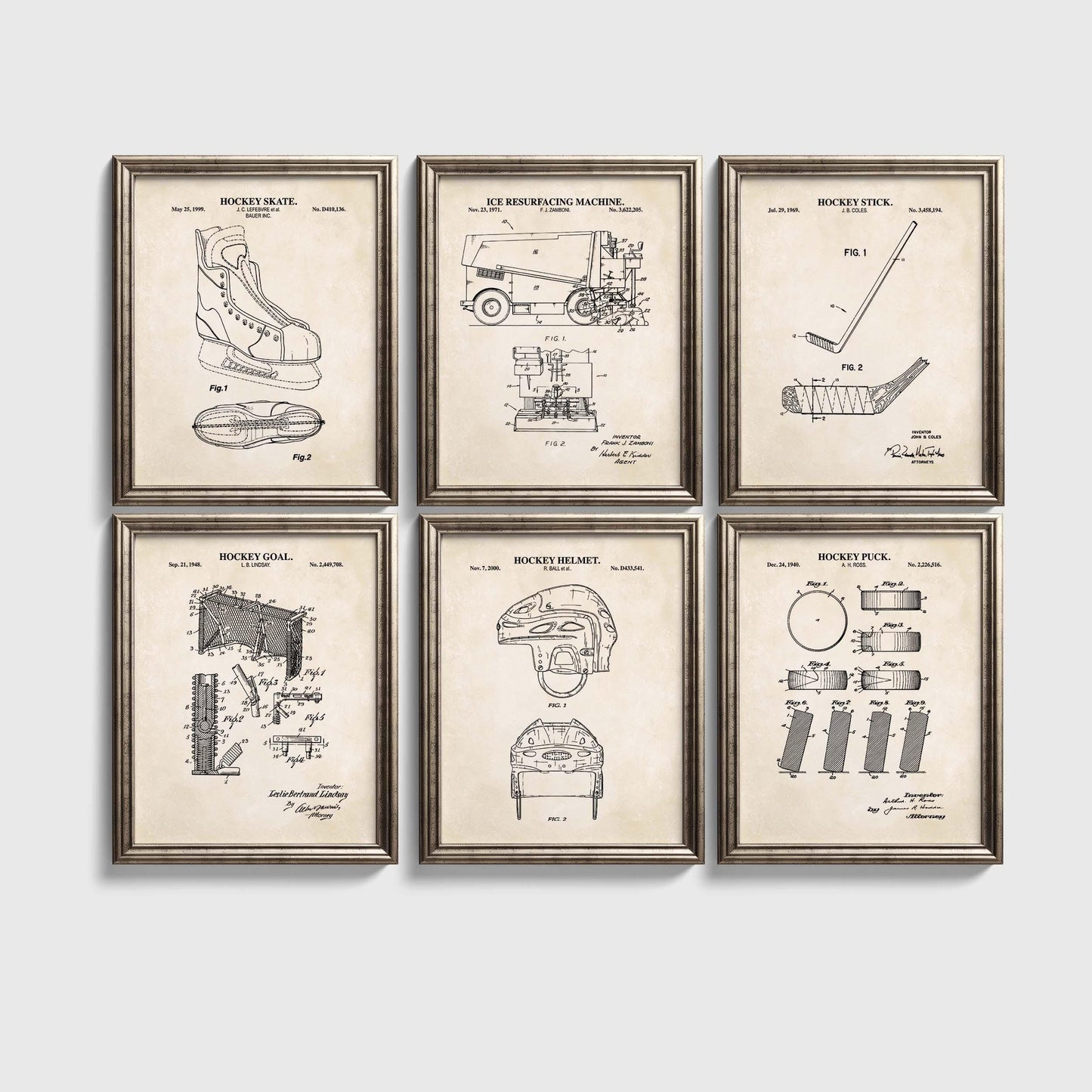 Hockey Patent Wall Art Set | Hockey Stick, Skate, Puck, Goal, Helmet and Ice Resurfacing Machine Patent Art | Set of 6 Physical Prints