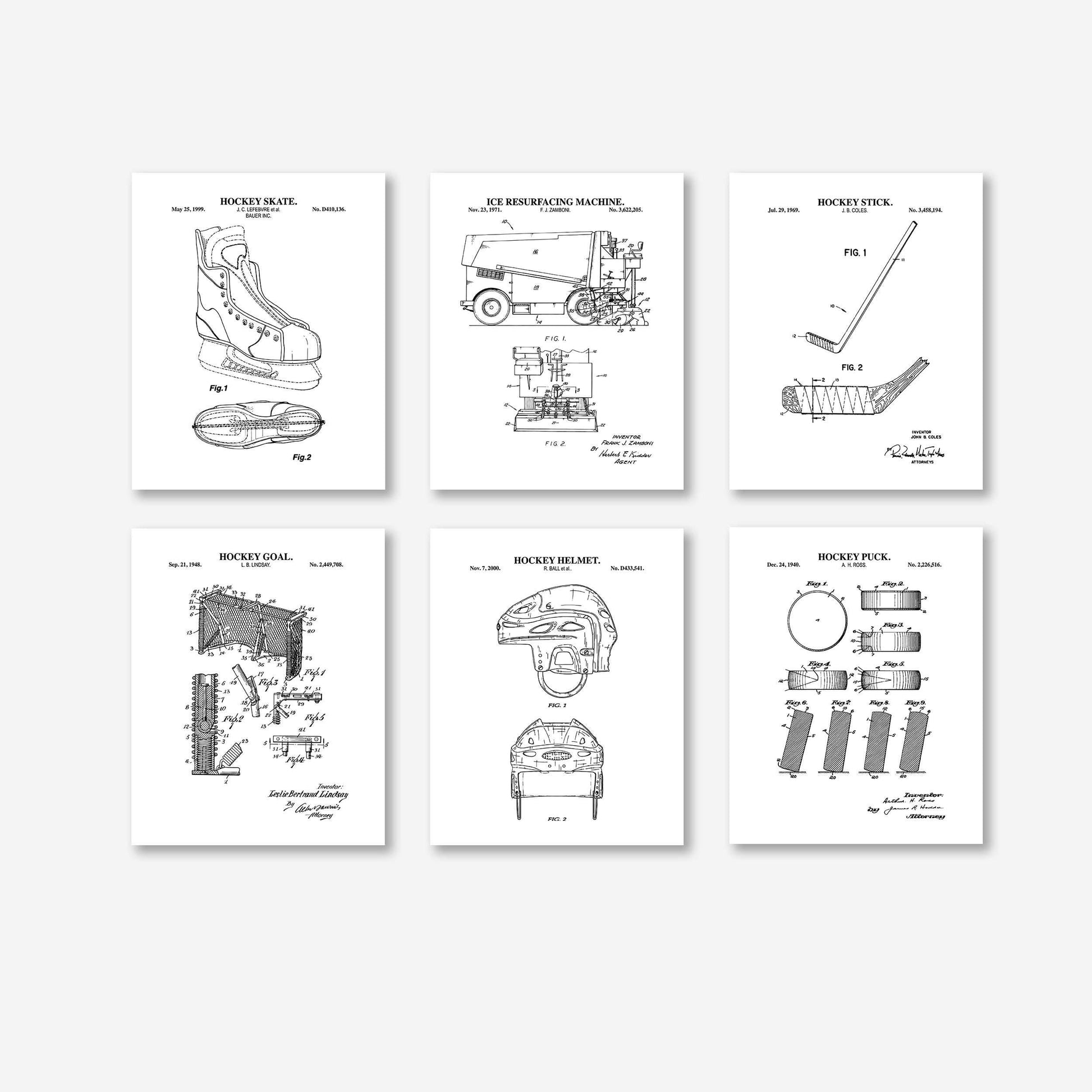 Hockey Patent Wall Art Set | Hockey Stick, Skate, Puck, Goal, Helmet and Ice Resurfacing Machine Patent Art | Set of 6 Physical Prints