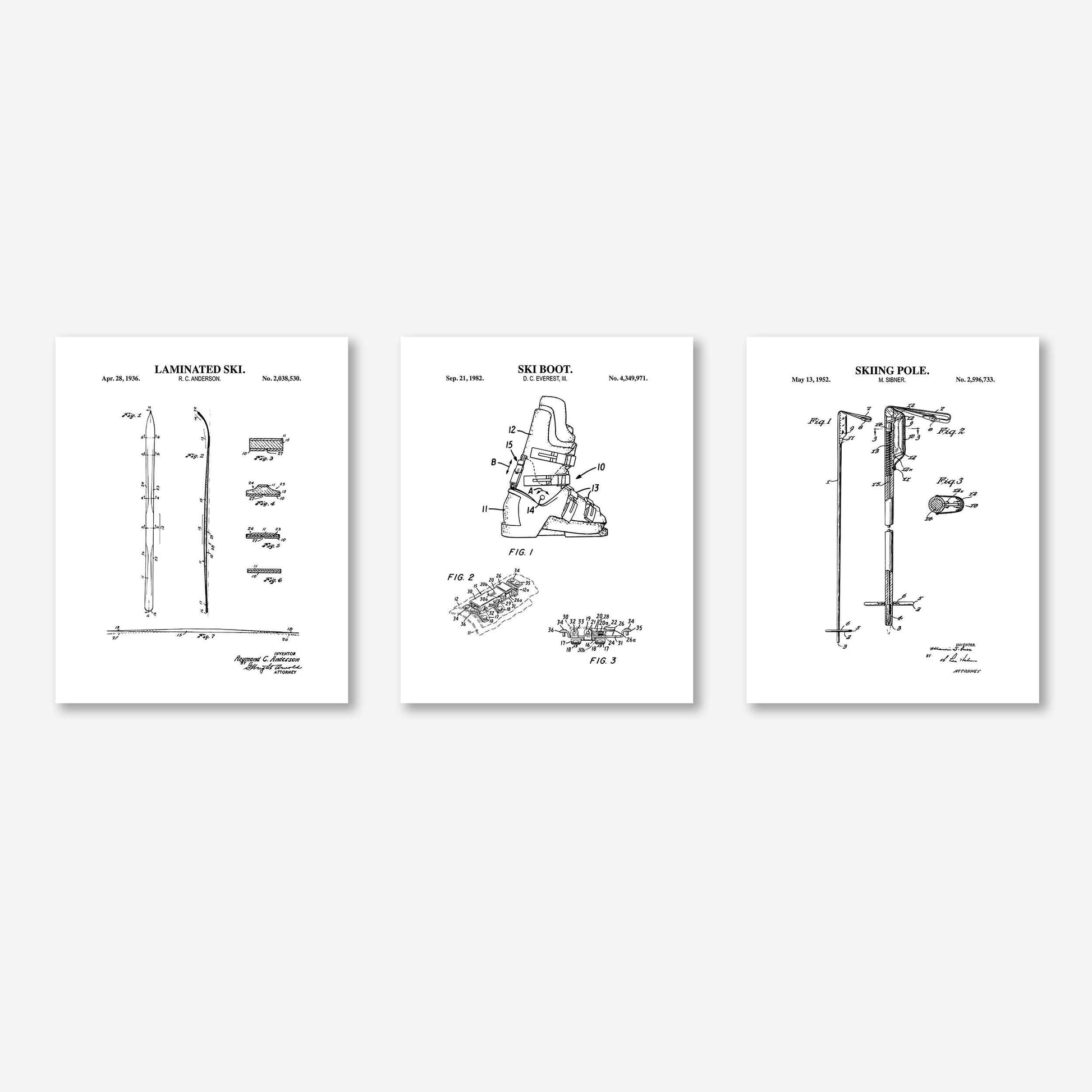 Skiing Patent Wall Art Set | Snow Ski, Ski Pole and Ski Boot Patent Prints | Unframed Set of 3 Physical Prints