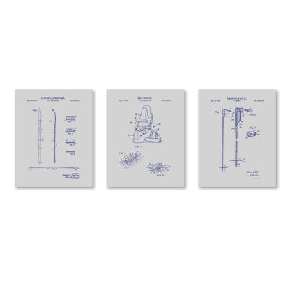 Skiing Patent Wall Art Set | Snow Ski, Ski Pole and Ski Boot Patent Prints | Unframed Set of 3 Physical Prints