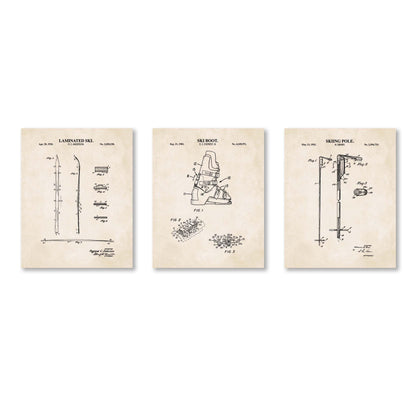 Skiing Patent Wall Art Set | Snow Ski, Ski Pole and Ski Boot Patent Prints | Unframed Set of 3 Physical Prints