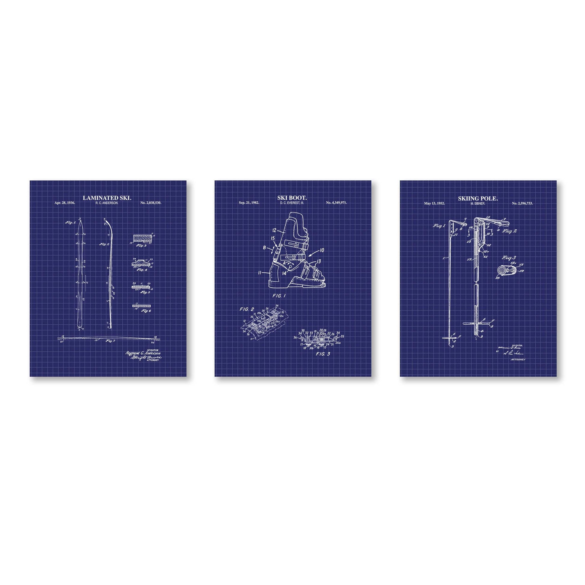 Skiing Patent Wall Art Set | Snow Ski, Ski Pole and Ski Boot Patent Prints | Unframed Set of 3 Physical Prints