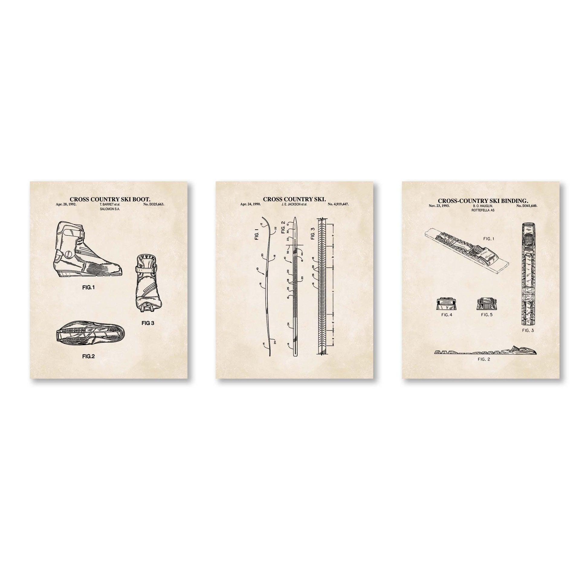 Vintage Cross Country Skiing Patent Art Set | Ski Wall Art Prints | Nordic Skiing Poster Set | Unframed Set of 3 Physical Prints