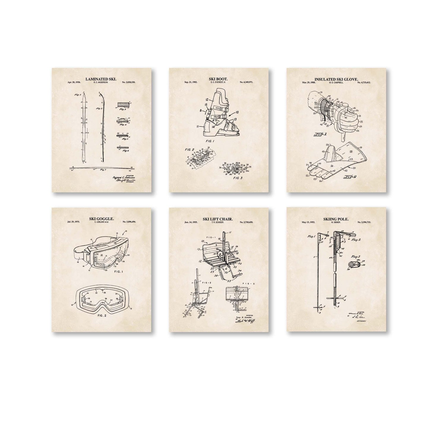 Skiing Patent Wall Art Set | Patent Prints for Ski, Ski Pole, Ski Boot, Goggles, Chair Lift and Insulated Glove | Set of 6 Physical Prints