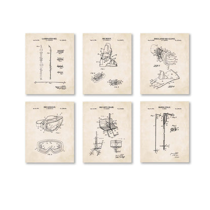 Skiing Patent Wall Art Set | Patent Prints for Ski, Ski Pole, Ski Boot, Goggles, Chair Lift and Insulated Glove | Set of 6 Physical Prints