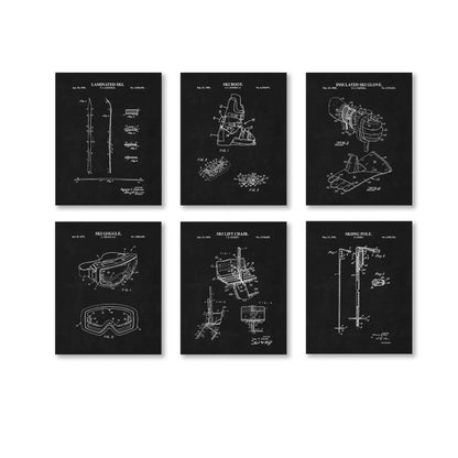 Skiing Patent Wall Art Set | Patent Prints for Ski, Ski Pole, Ski Boot, Goggles, Chair Lift and Insulated Glove | Set of 6 Physical Prints