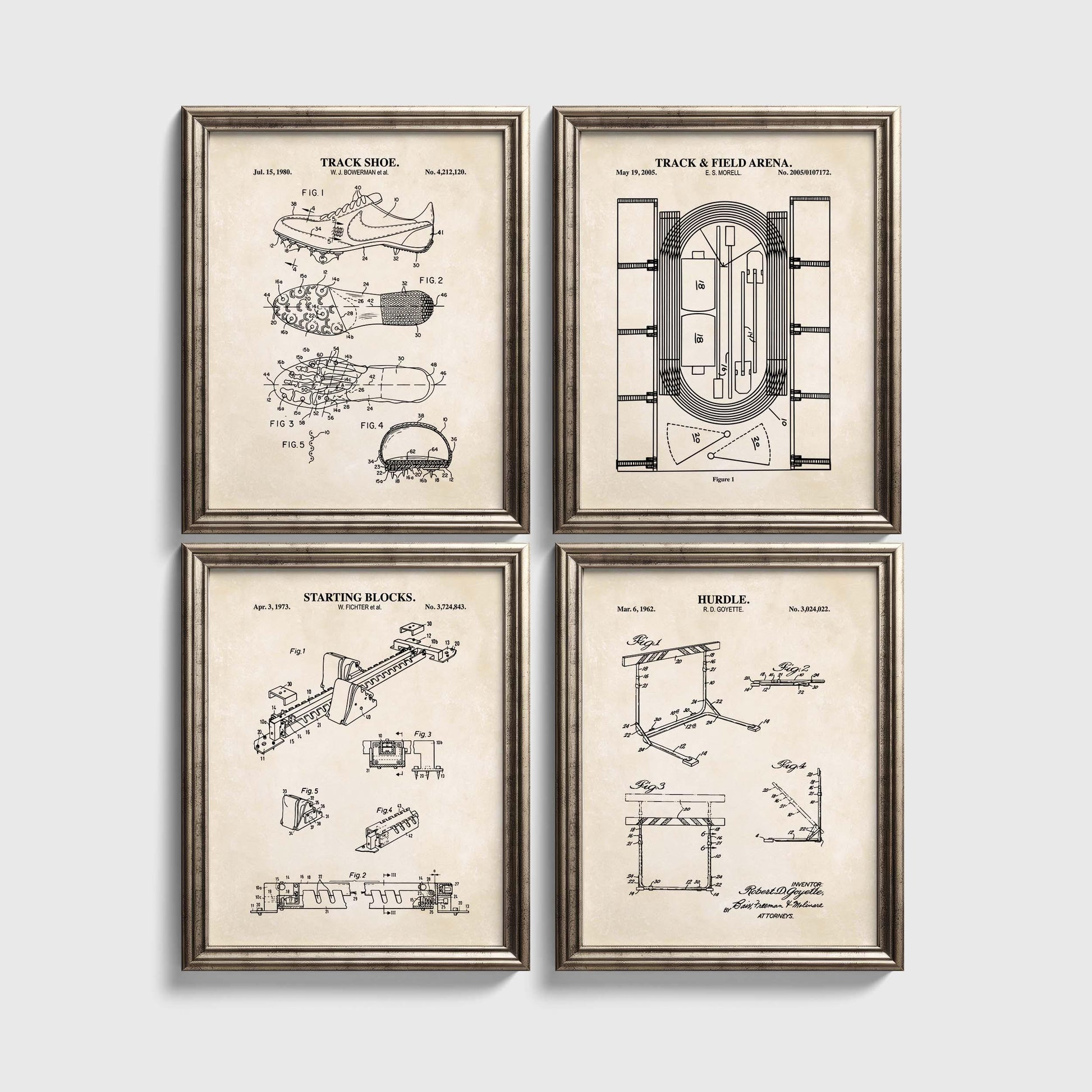 Vintage Track & Field Patent Prints | Track Diagram, Hurdle Patent, Spikes Patent, Starting Blocks Patent Wall Art | Physical Prints