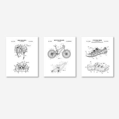 Mountain Bike Wall Art Set | Bike frame, Helmet and Cycling Shoe Patent Prints | Bicycle Wall Art Decor | Set of 3 Physical Prints