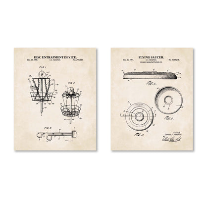 Disc Golf Patent Wall Art Set | Flying Saucer & Disc Entrapment Device Patent Prints | Unframed Set of 2 Physical Prints