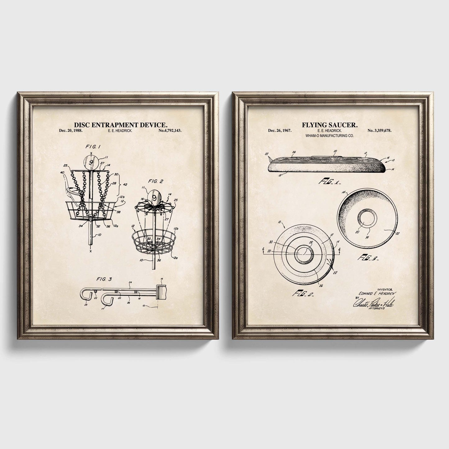 Disc Golf Patent Wall Art Set | Flying Saucer & Disc Entrapment Device Patent Prints | Unframed Set of 2 Physical Prints