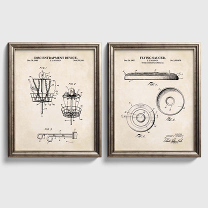 Disc Golf Patent Wall Art Set | Flying Saucer & Disc Entrapment Device Patent Prints | Unframed Set of 2 Physical Prints