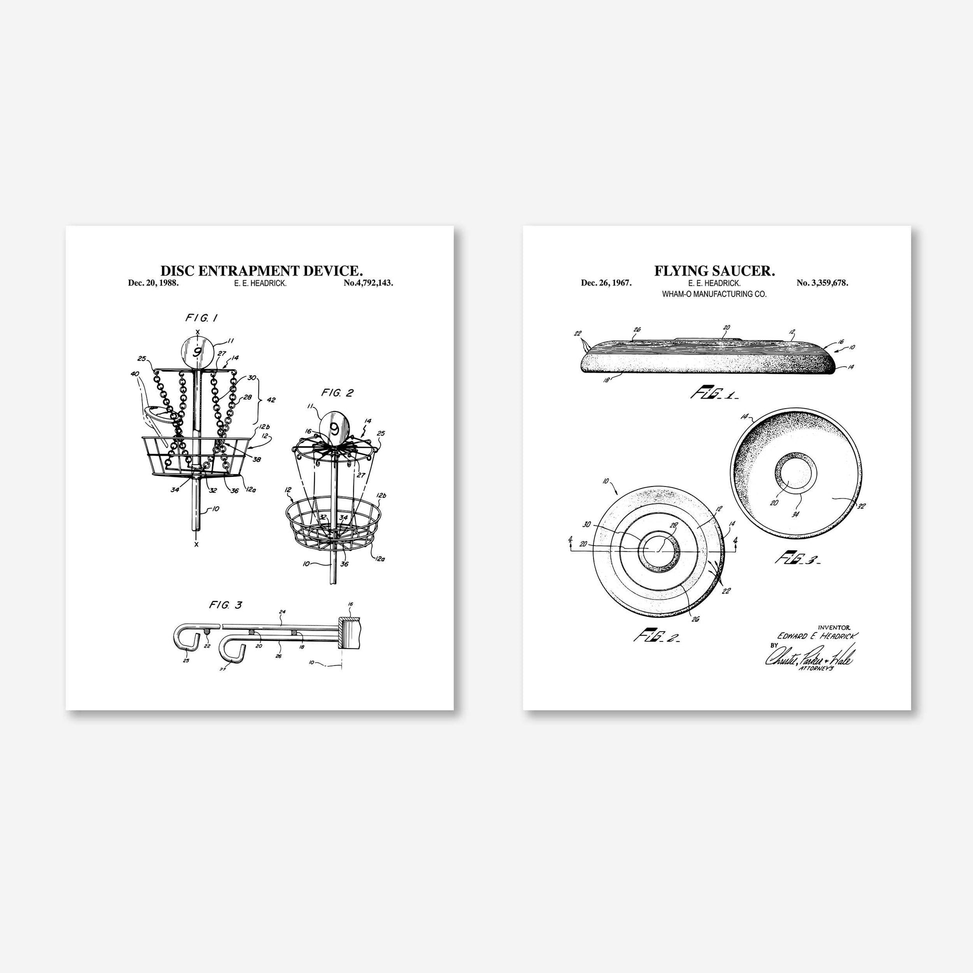 Disc Golf Patent Wall Art Set | Flying Saucer & Disc Entrapment Device Patent Prints | Unframed Set of 2 Physical Prints