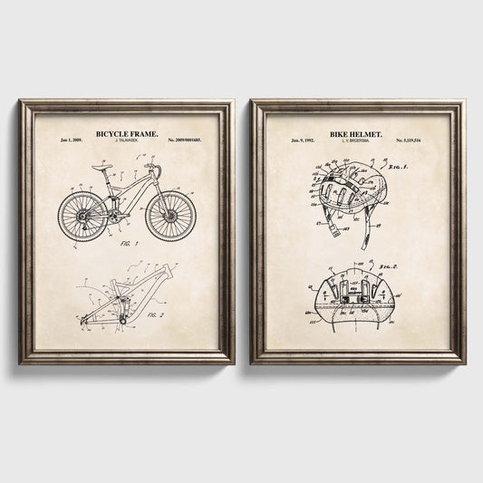 Mountain Bike Wall Art | Bike Helmet and Bicycle Frame Patent Prints | 2 Unframed Physical Prints