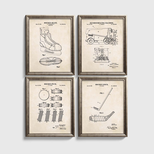 Hockey Patent Wall Art Set | Hockey Puck, Ice Resurfacing Machine, Hockey Stick & Hockey Skate Patent Prints | Set of 4 Physical Prints