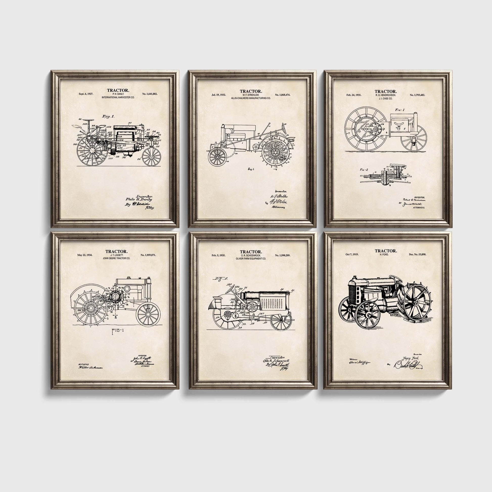 Antique Tractor Patent Art Set | Vintage Tractor Patent Print Wall Decor | Farmhouse Wall Art | Unframed Set of 6 Physical Prints