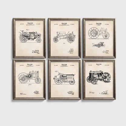 Antique Tractor Patent Art Set | Vintage Tractor Patent Print Wall Decor | Farmhouse Wall Art | Unframed Set of 6 Physical Prints