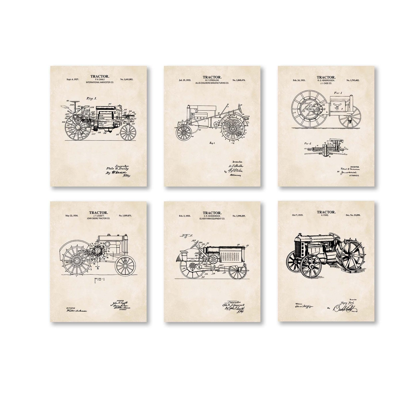 Antique Tractor Patent Art Set | Vintage Tractor Patent Print Wall Decor | Farmhouse Wall Art | Unframed Set of 6 Physical Prints