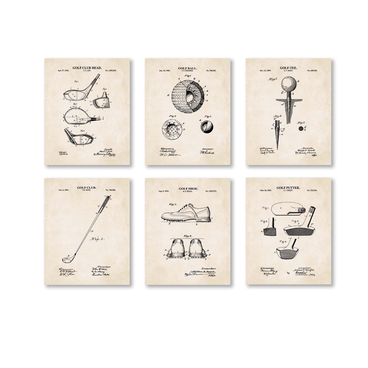 Golf Patent Wall Art Set | Vintage Golf Tee, Golf Club, Golf Ball, Putter, Golf Club Head & Golf Shoe Patents | Set of 6 Physical Prints