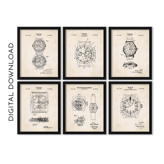 Watch Wall Art | Vintage Watches Patent Prints | Set of 6 Prints | Gift for Watch Enthusiast | PRINTABLE DIGITAL DOWNLOAD