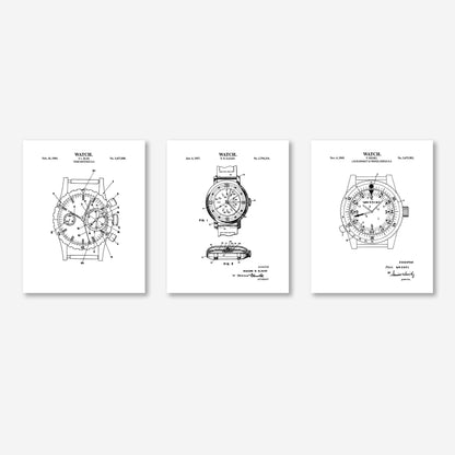 Vintage Watch Patent Wall Art | Patent Prints for 3 Different Watches | Watch Artwork | Unframed Set of 3 Physical Prints